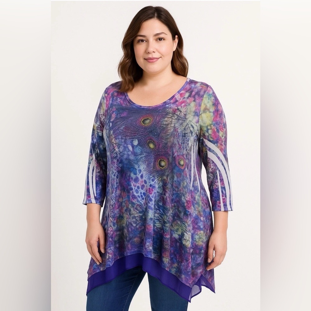 Cal Style Women Blouse Tunic‎ Top S Size XL Art Print Rhinestone 3/4 Sleeve Flaw